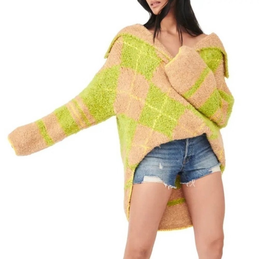 Free People Sunshine To Follow Sweater Argyle Lemon Sugar Combo Sz M NWT $268.